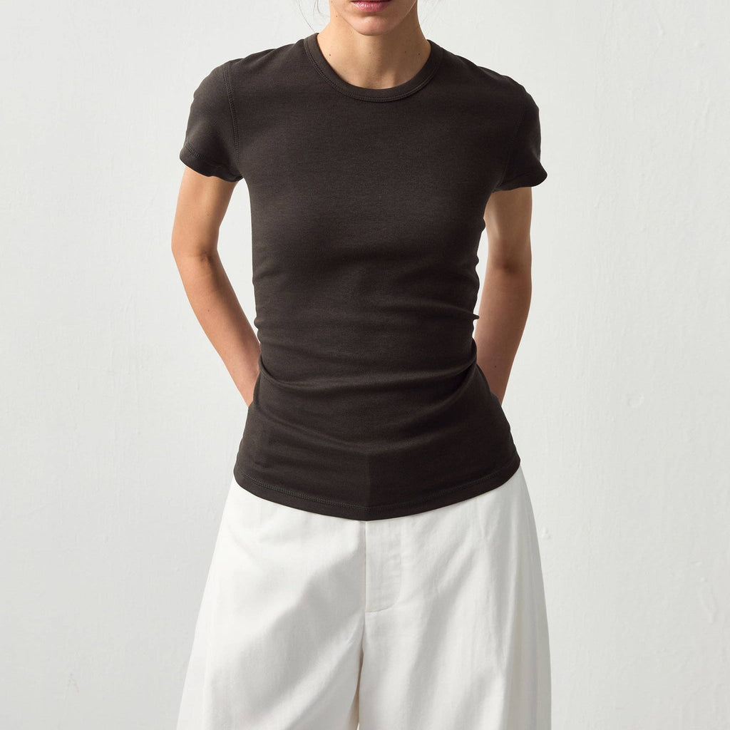Slim Waist Cinched Cropped Crew Neck Top